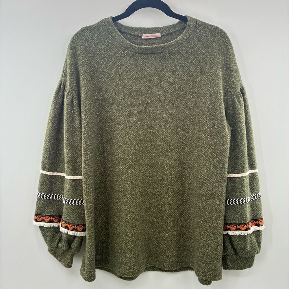 3For$20 Ces Femme Olive Green Embroidered Balloon Sleeve Sweater size: M